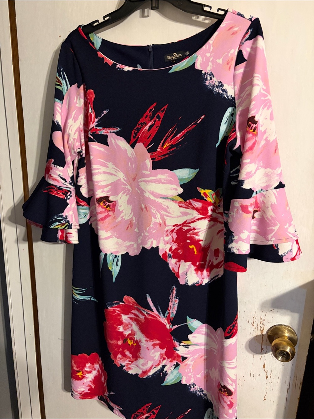 Phase 7 Seven Floral Navy & Pink Bell-Sleeve Shift Dress Ladies Sz 14